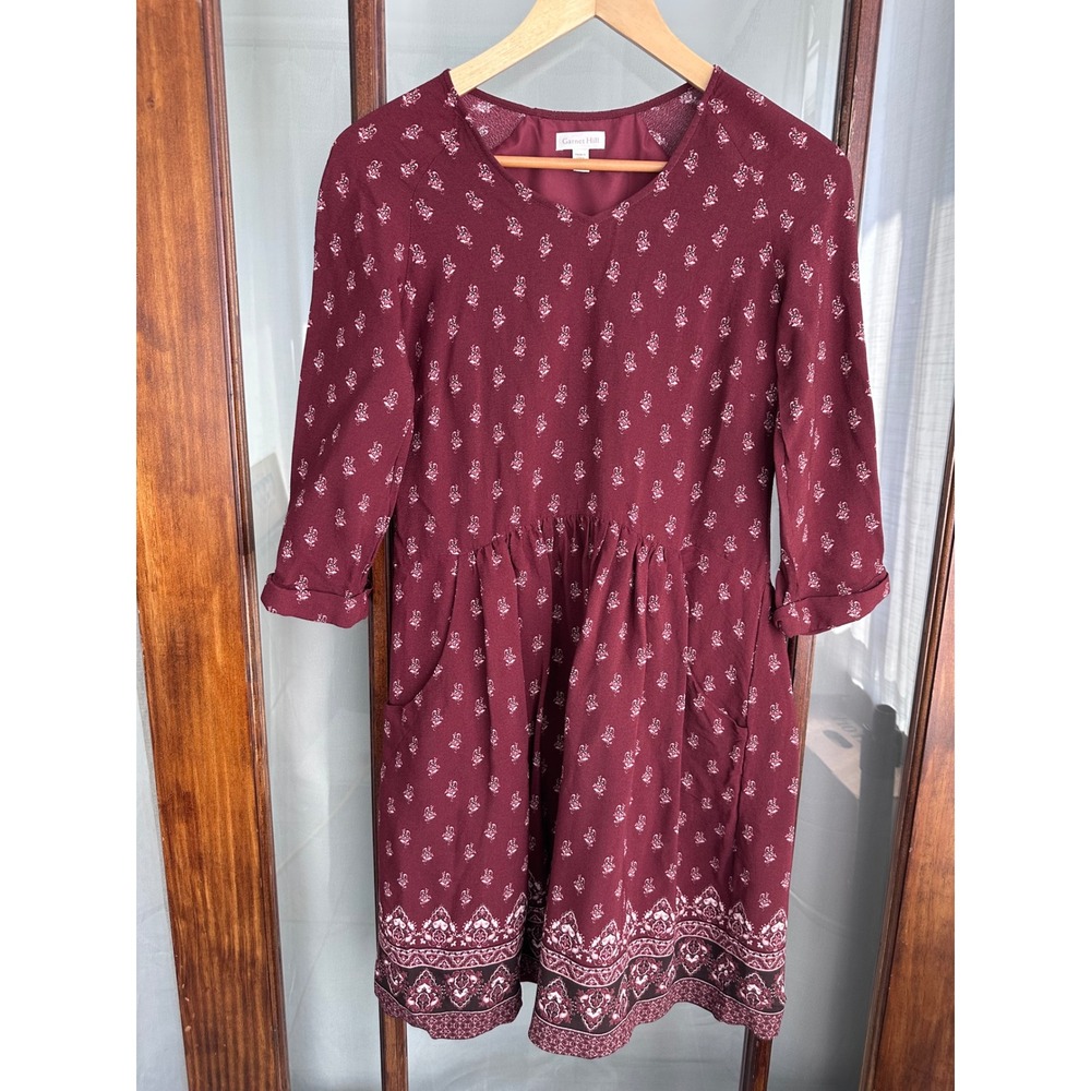 Garnet Hill Womens Burgundy Floral Block Print‎ V-Neck Pocket Dress Size 2